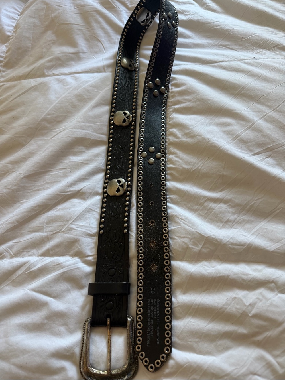 RARE Harley-Davidson Tooled Leather Belt with Silver Skull Studs